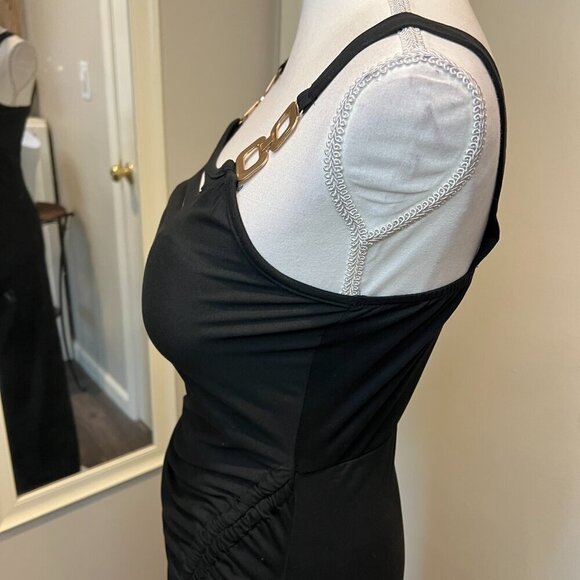 Chic Me Black Ladder cutout Slit Gold Buckle Ruched bodycon Dress, Size Medium - Picture 9 of 16